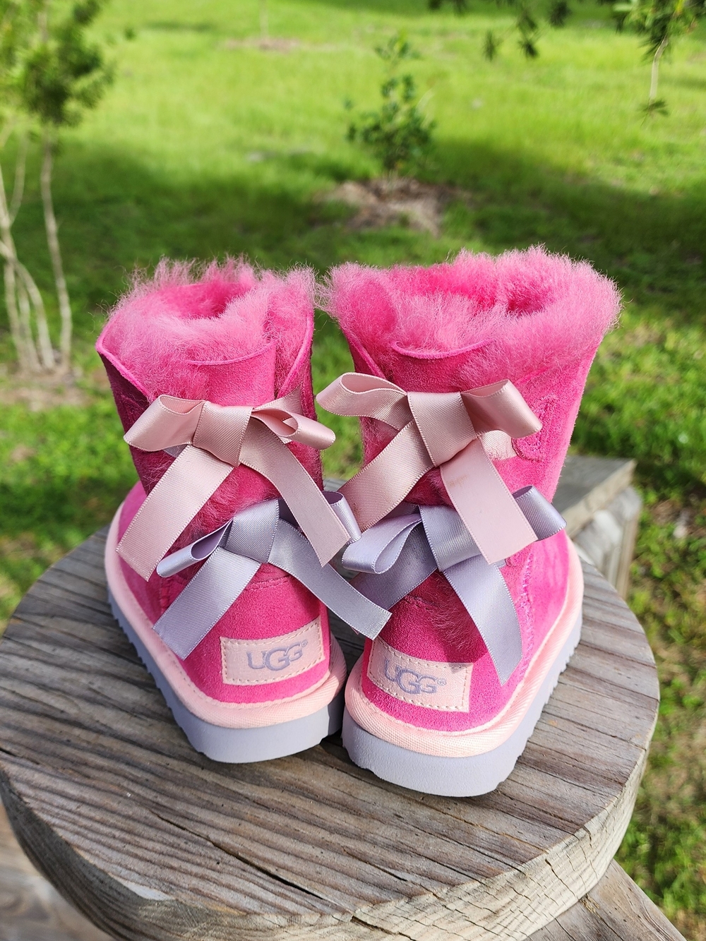 UGG Kids Classic Pink Bow Shearling Boots